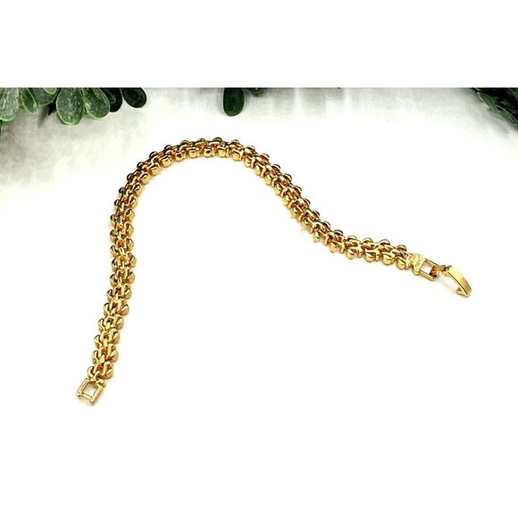 Gold-Tone Tennis Bracelet With Rhinestones and Double-Layered Chain Design - Picture 3 of 7